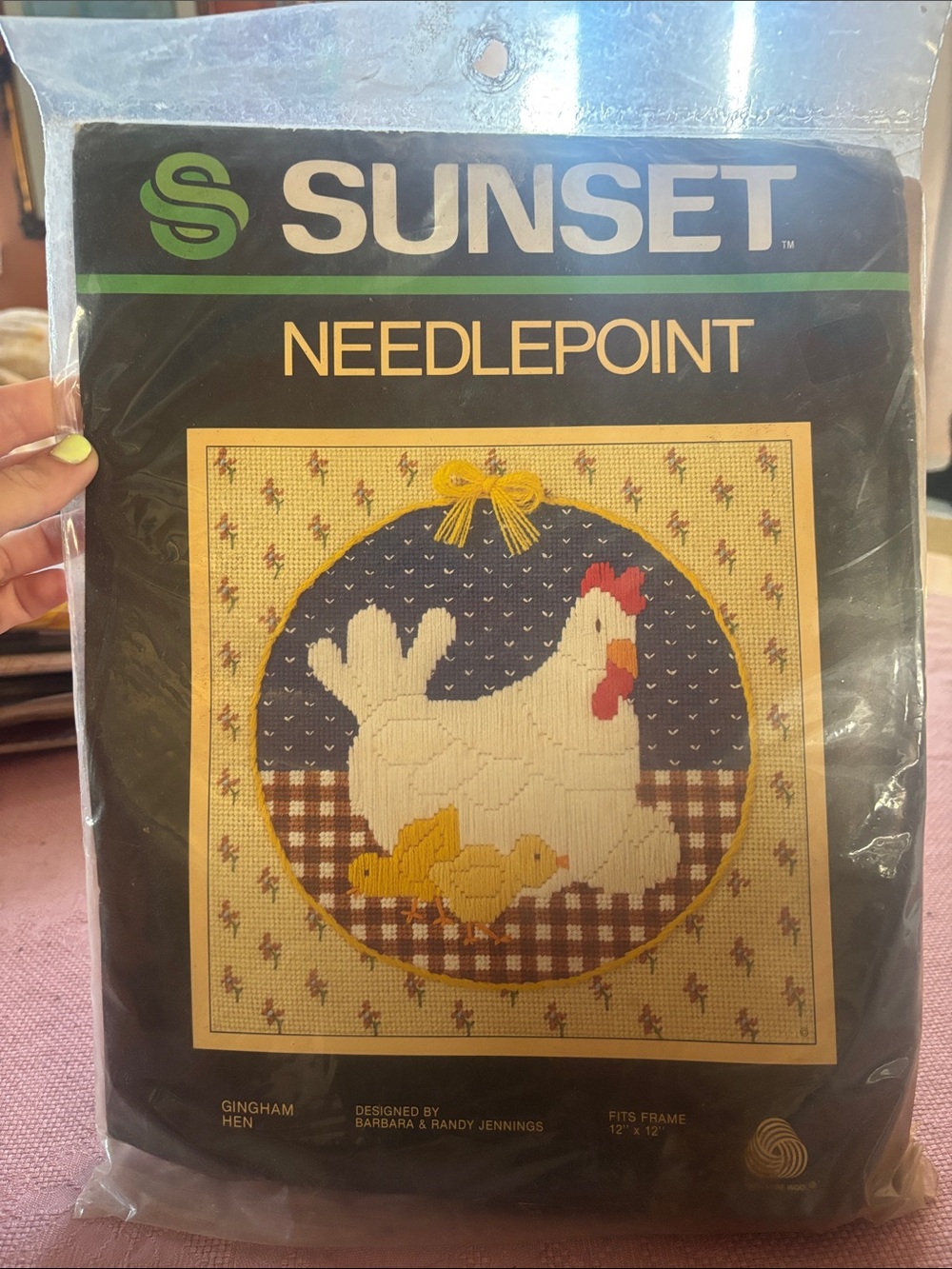 SUNSET Needlepoint Gingham Hen Pillow Kit - Cream, Navy, Yellow